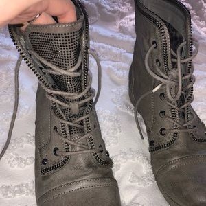 Grey combat boots with rhinestones